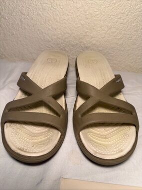 CROCS Women's Taupe Cross-Strap Slide Sandals